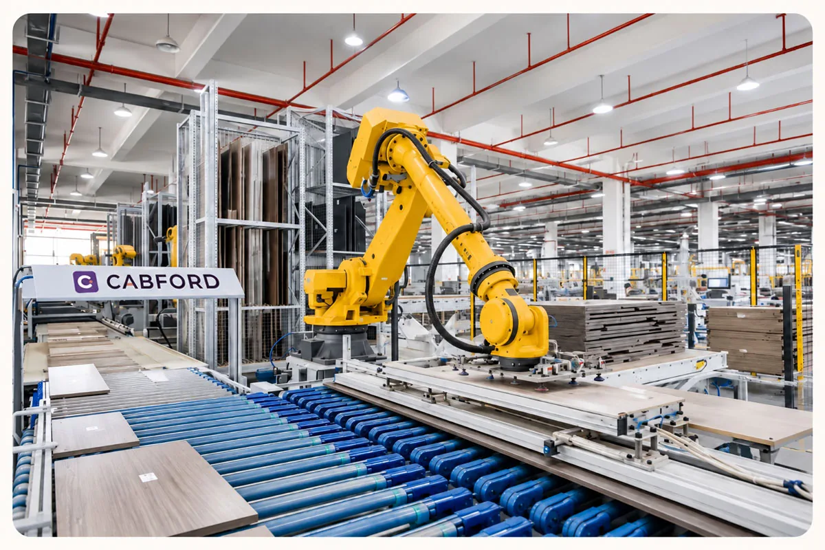 Robotic arm moving cabinet panels onto an automated production line at the Dallas plant where Cabford cabinets are built
