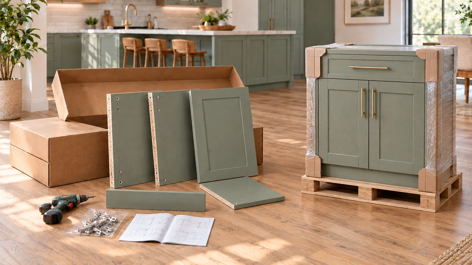 RTA cabinet boxes stacked and ready for assembly