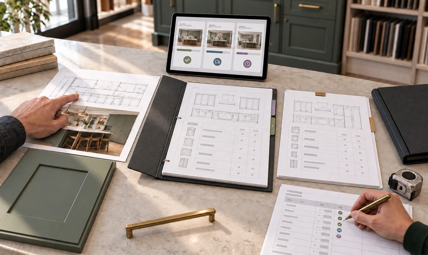 Designer reviewing kitchen cabinet blueprints, layout options on a tablet and finish swatches