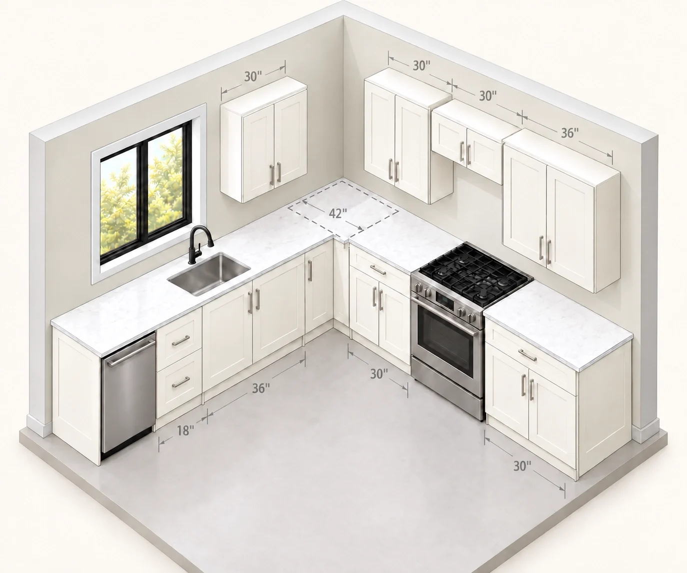 Illustration of the 10x10 Basic Kitchen: base and wall cabinets on two walls, with each cabinet width marked.