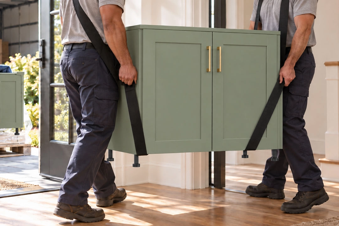 Two installers carrying a fully built Cabford sage green cabinet into a U.S. home.