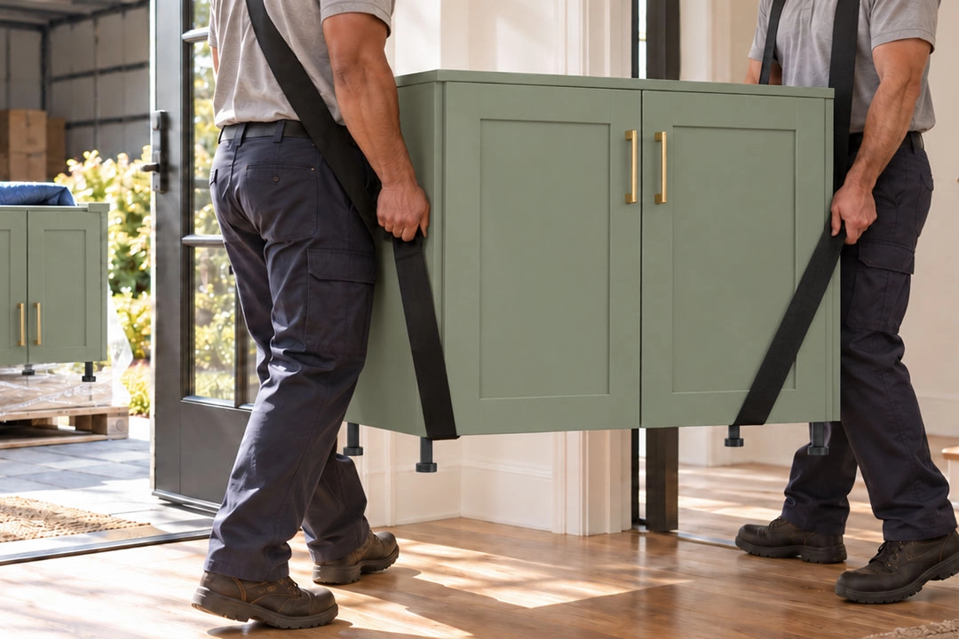 Installers carrying a pre-assembled Cabford kitchen cabinet indoors.