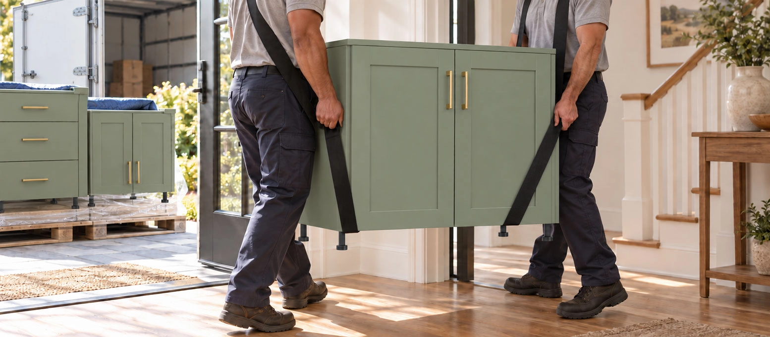 Two installers carrying a fully assembled sage green Cabford cabinet into a home.