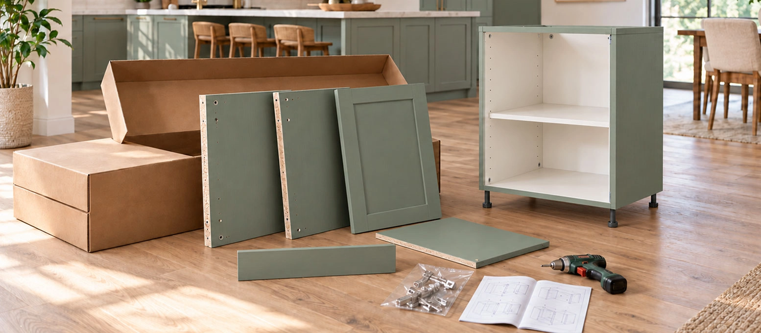 Flat-packed Cabford RTA cabinet panels, hardware and a built base cabinet ready for assembly.