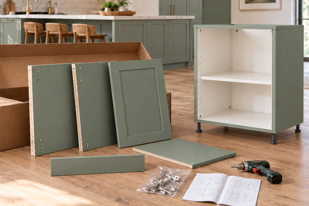 Flat-packed Cabford RTA cabinet panels and a finished base cabinet ready to assemble.