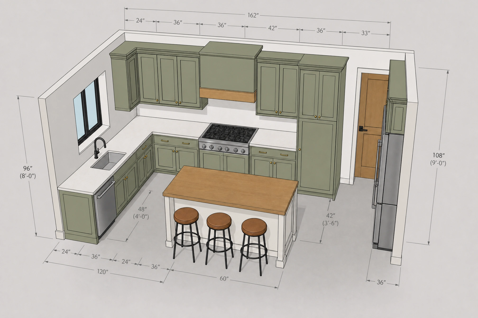 3D kitchen cabinet design rendering with layout and finish selections.