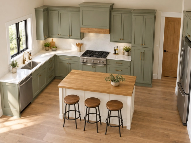 Finished sage green Shaker kitchen with a wood-top island, three stools and stainless appliances in an American home.