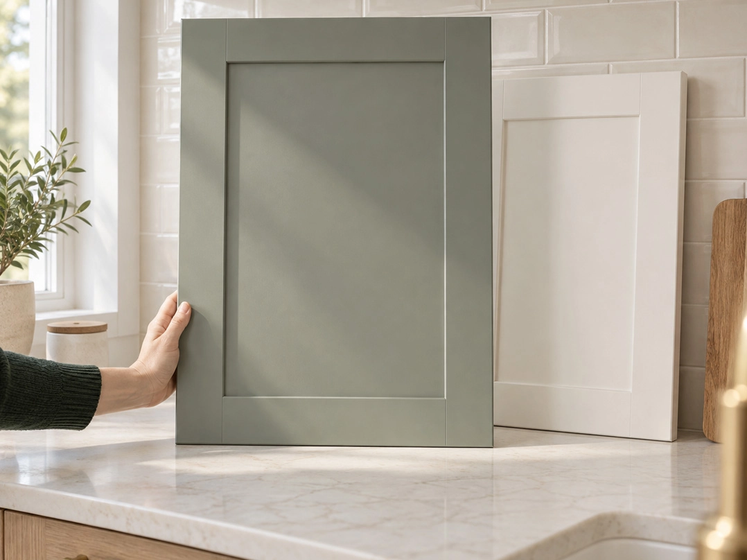 Comparing a green kitchen cabinet door sample in a home kitchen