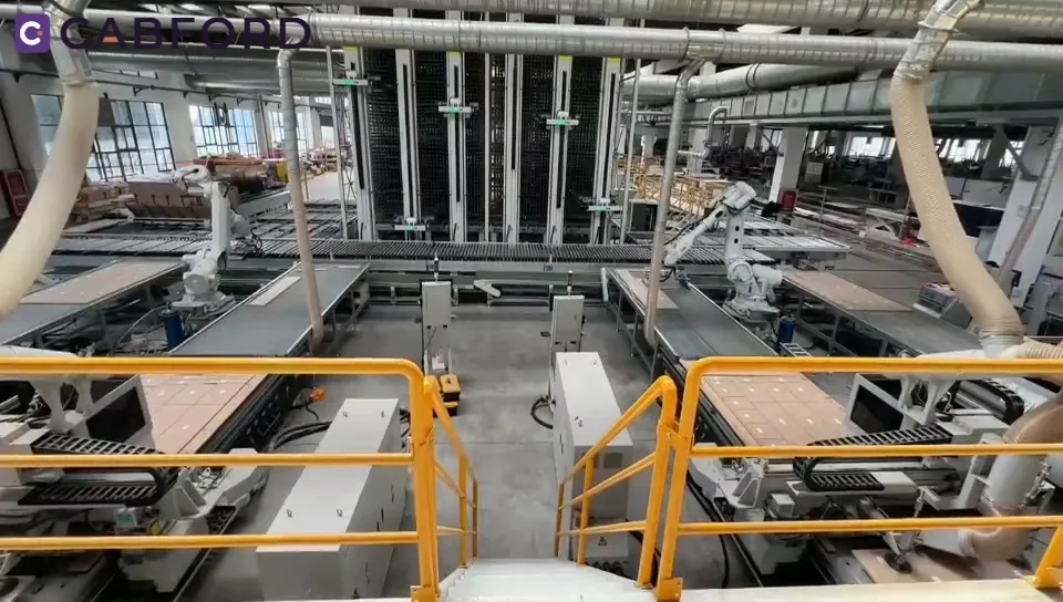 Robotic arms, automated board storage and panel processing lines inside the Dallas plant where Cabford cabinets are built