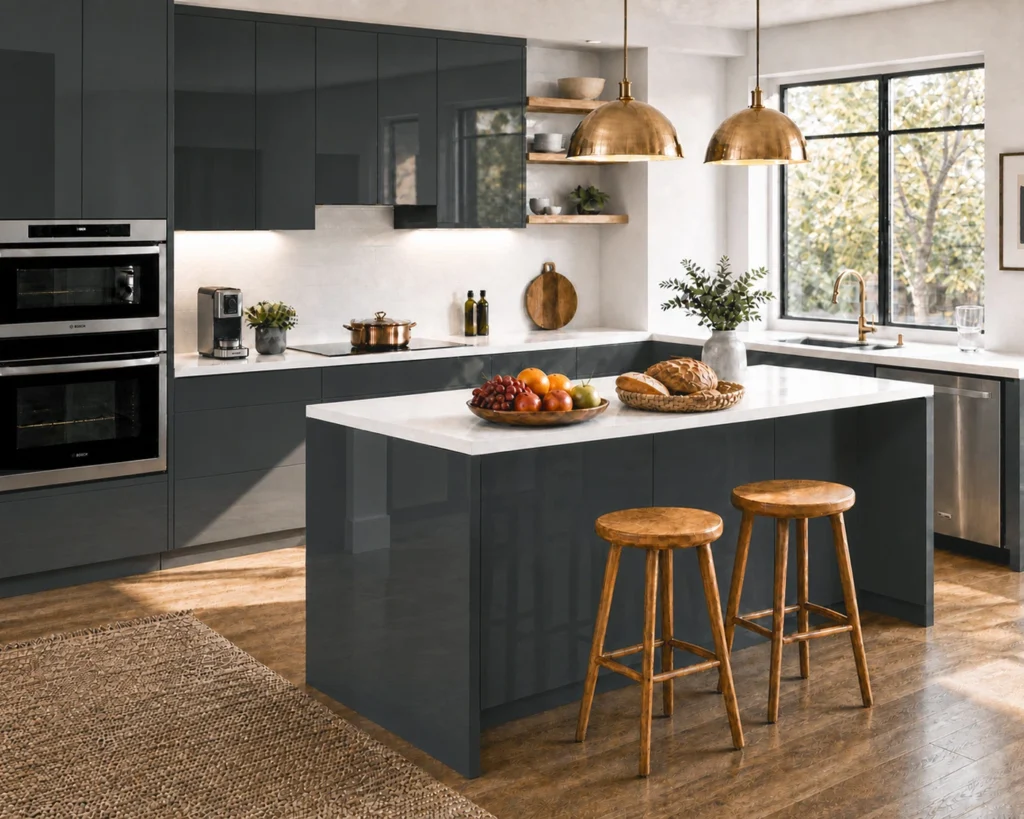Avelora Glossy Gray Slab kitchen scene with this door style