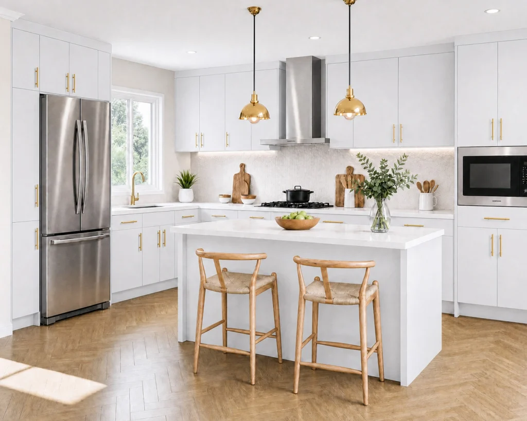 Avelora Matte White Slab kitchen scene with this door style