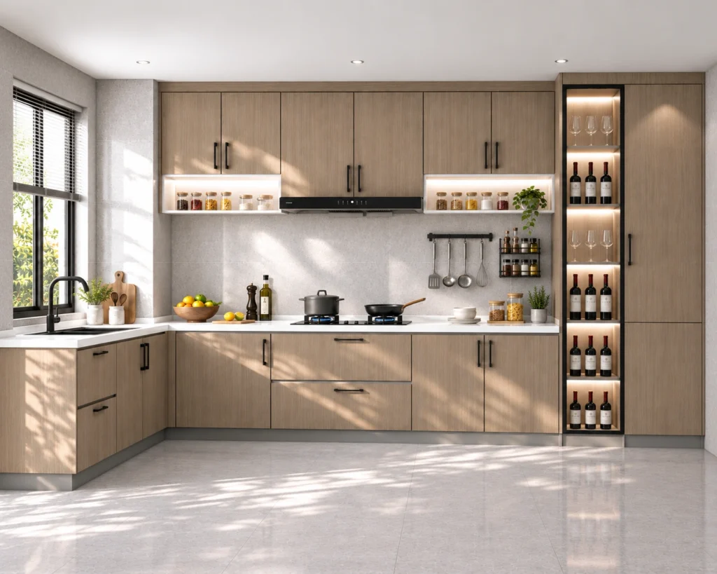 Oakmere Walnut Light Slab Assembled Cabinets.