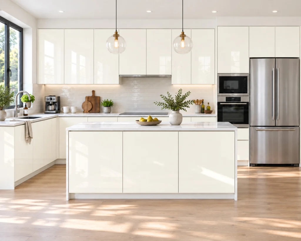 Pacific Shine Pure White Slab kitchen scene with this door style