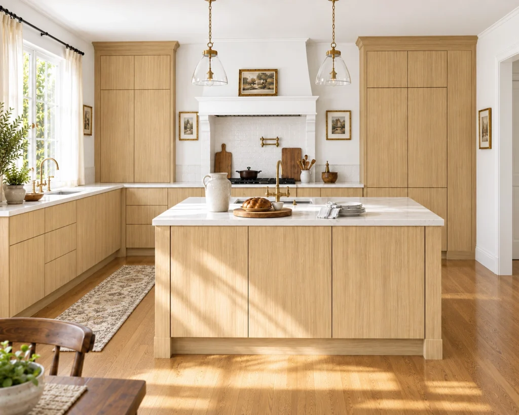 Meadowra Natural Oak Slab kitchen scene with this door style