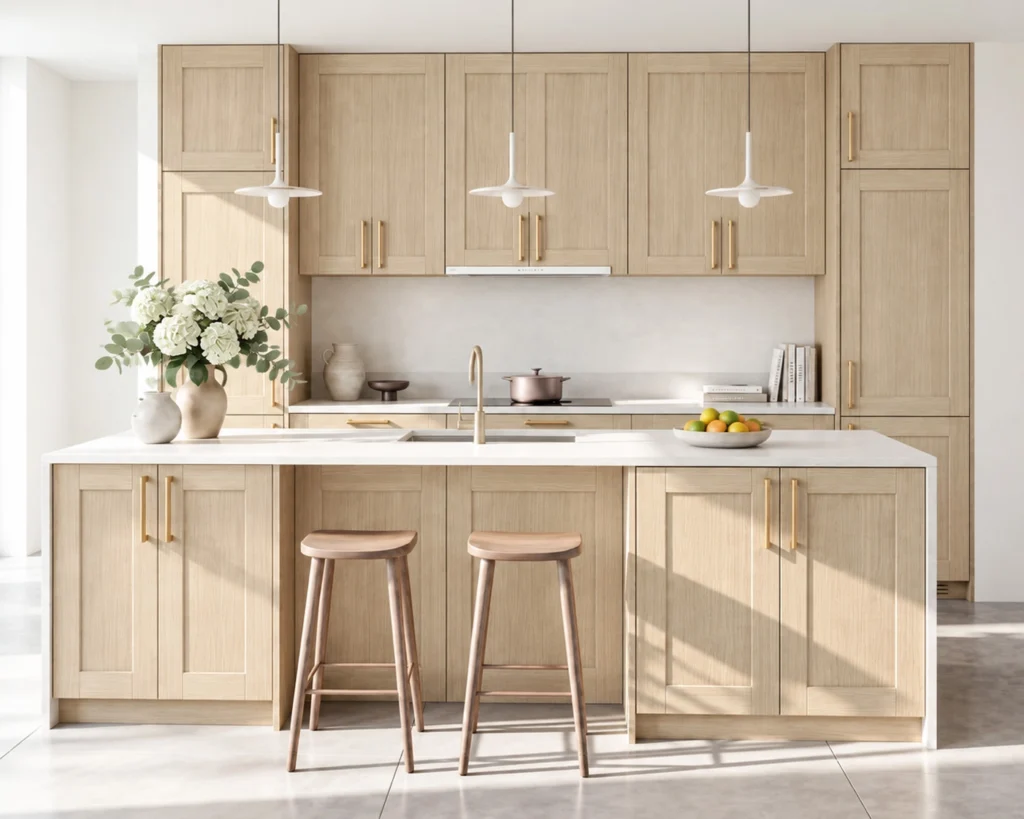 Willowen Rift Cut White Oak Shaker Assembled Cabinets.