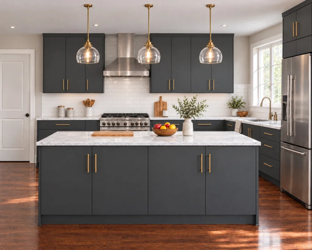 Avelora Matte Grey Slab Assembled Cabinets.