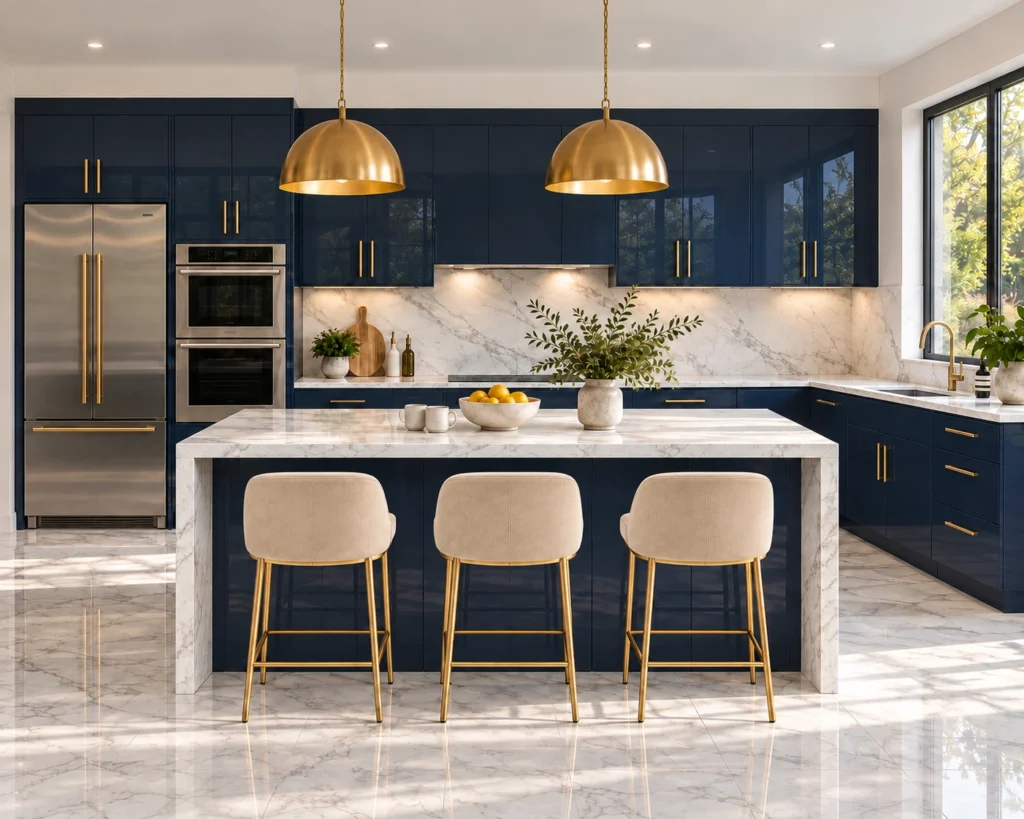 Bravelyn Shine Purplish Blue Slab Assembled Cabinets.