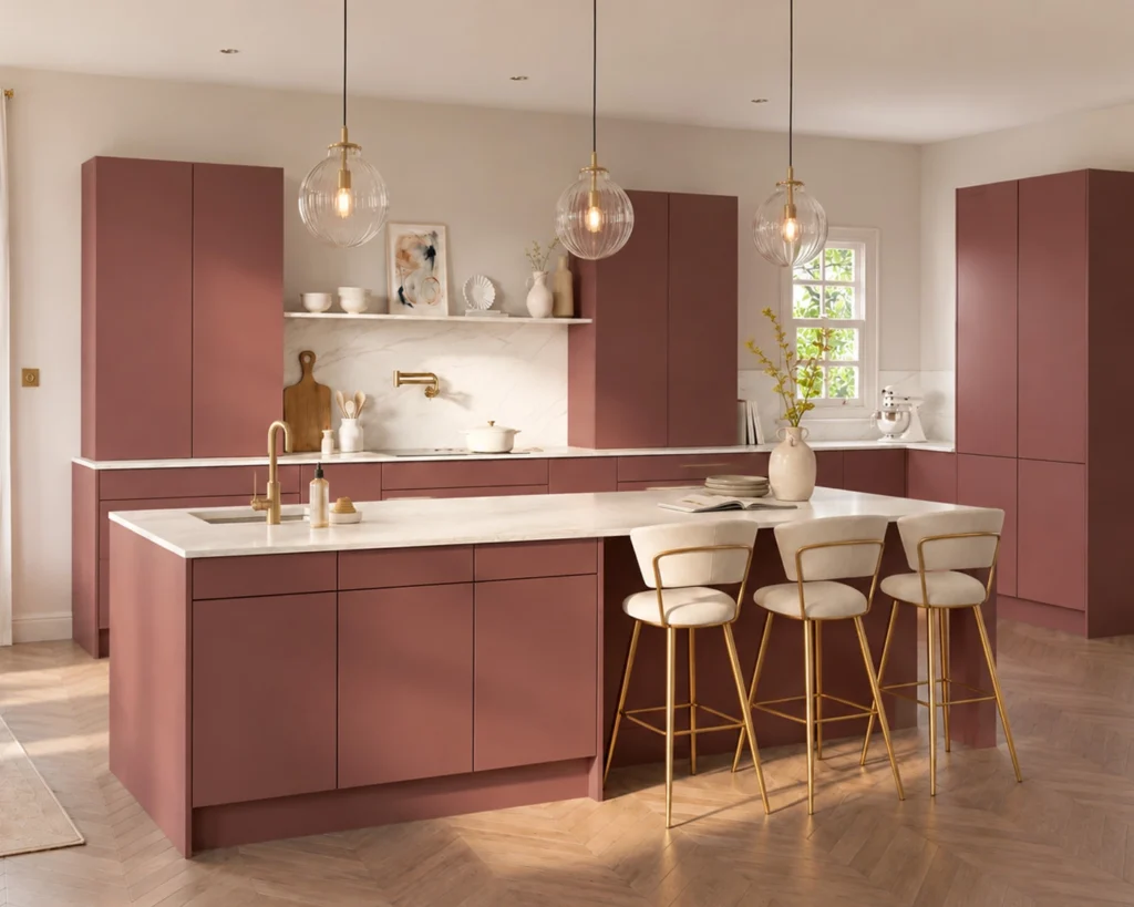 Nexora Glow Toile Red Slab Assembled Cabinets.