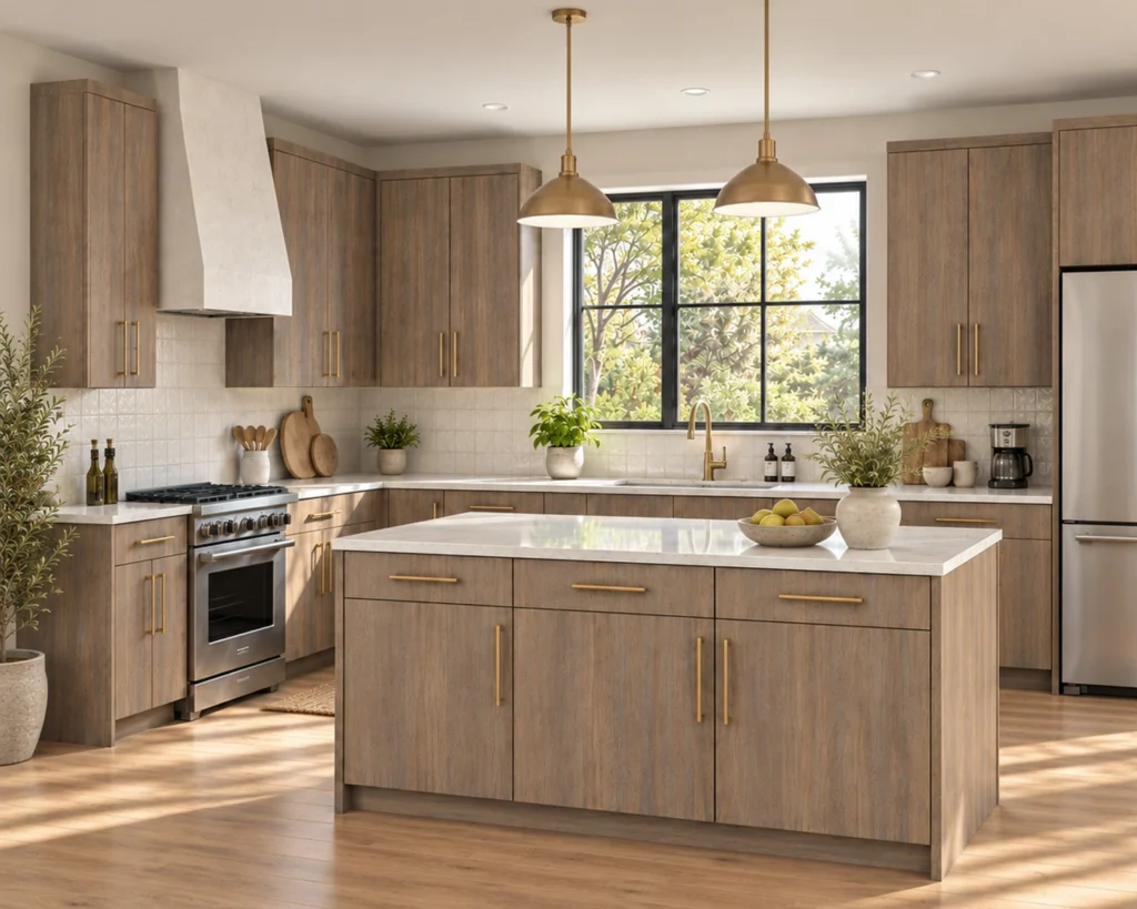 Oakmere Brown Walnut Slab Assembled Cabinets.