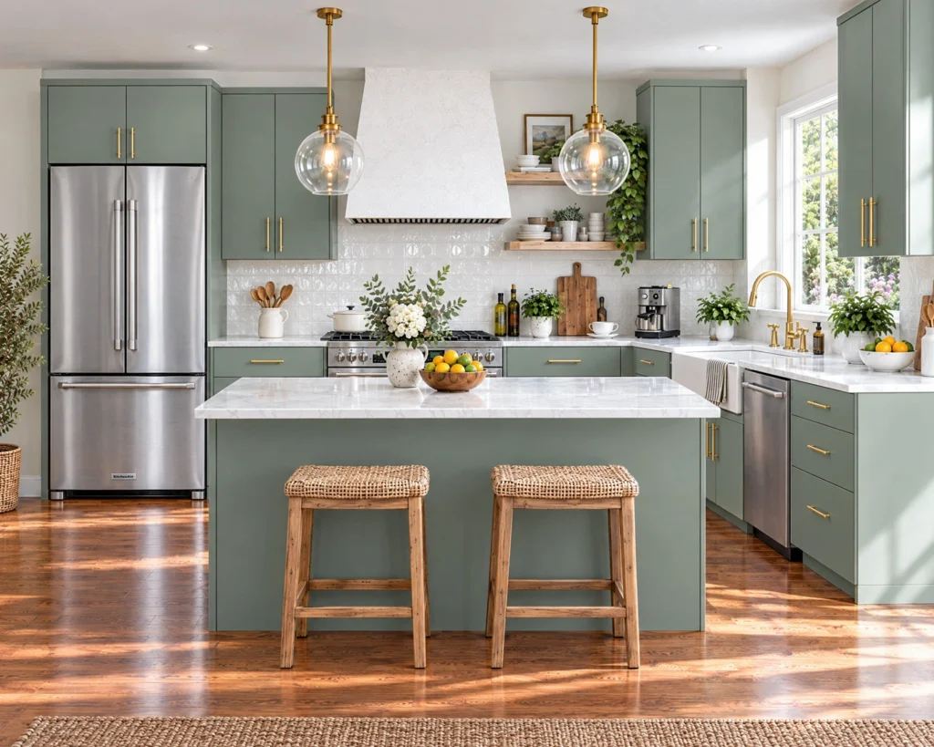Valessia Glow Oyster Bay Slab Assembled Cabinets.