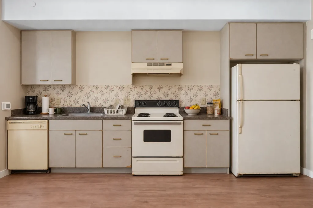 Original 1990s one-wall apartment kitchen before renovation in Denver, Colorado