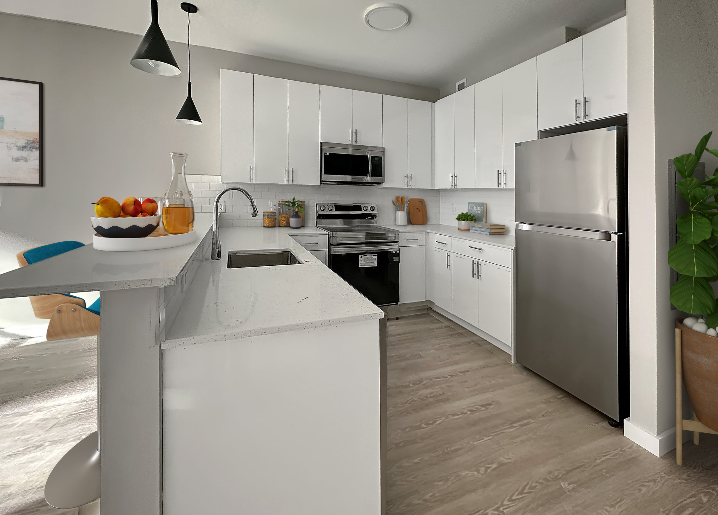Avelora matte white slab kitchen renovation in Orange CA with quartz peninsula