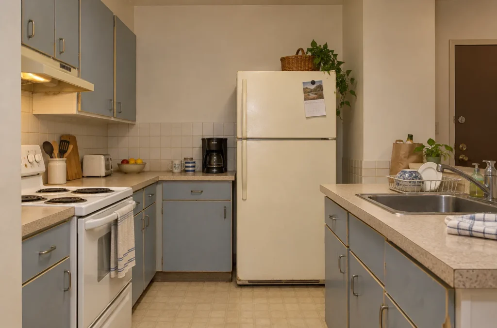 Original dated apartment kitchen before renovation in Salt Lake City, Utah