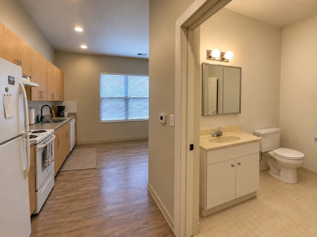 Original one-wall apartment kitchen with wood cabinets before renovation in St. Louis, Missouri